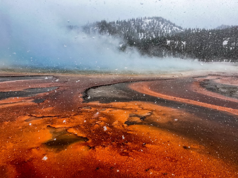 Snowing at Grand Prismatic Spring Yellowstone National Park